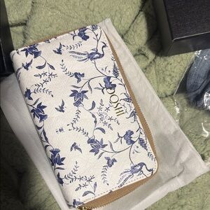 Dosh White Zip Wallet with Blue Floral Print and Gold Trim